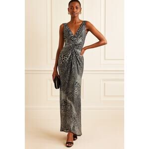 Tadashi Shoji Silk Maxi Dress Size 6 Mermaid Leopard Print V-neck Formal Evening